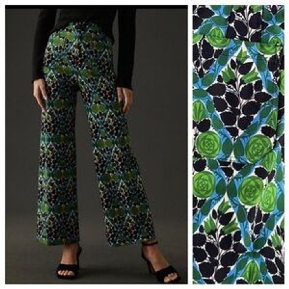 Maeve Anthropologie The Colette Cropped Wide Leg Pants 28 Green Blue Rose Floral